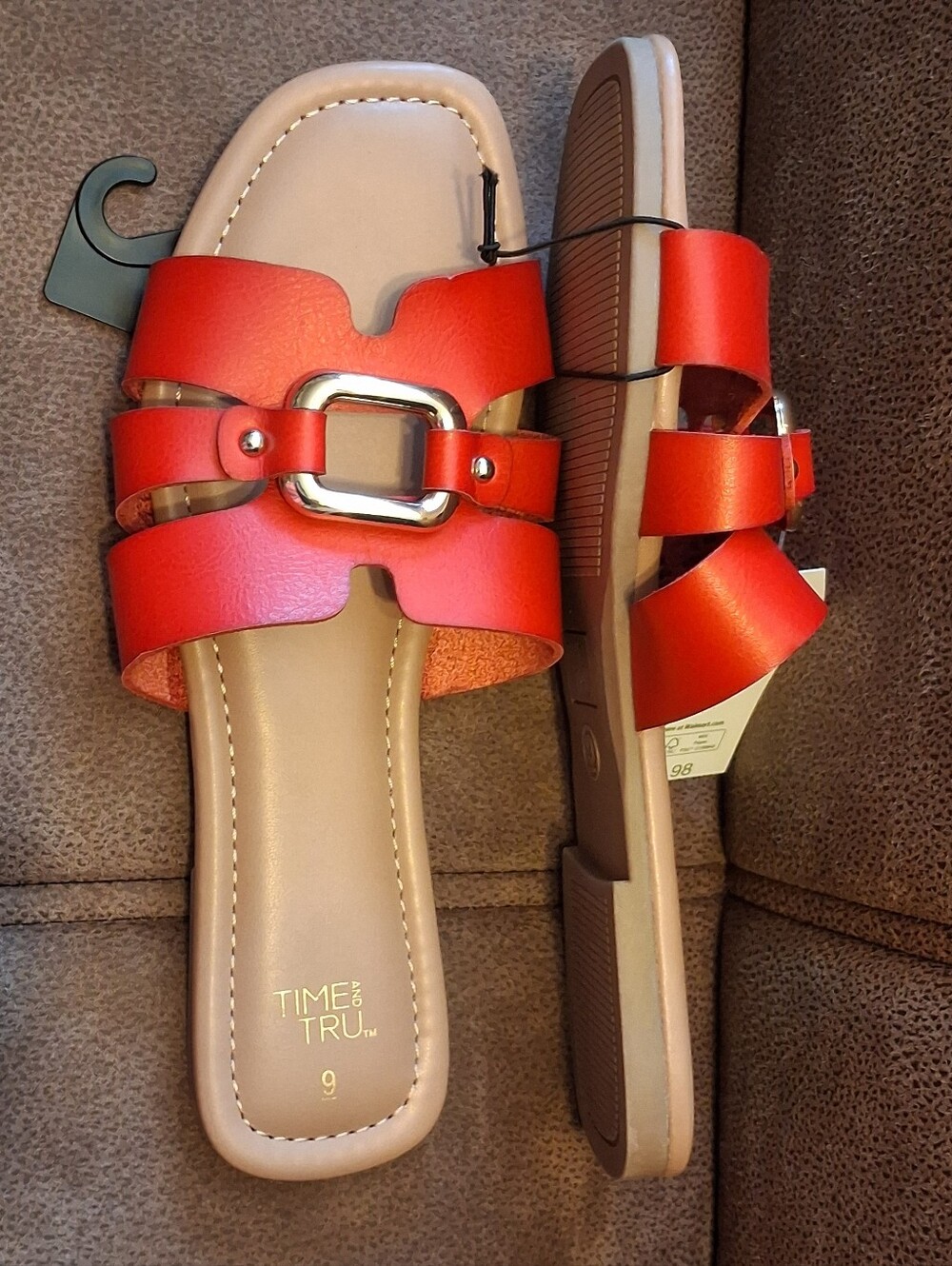 Time and Tru Embellished Slide Sandals with Decorative Gold Buckle Red Size 9